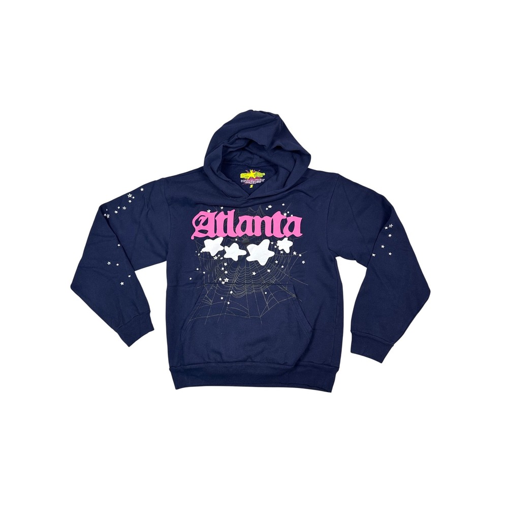 Atlanta Graphic Hoodie Navy Blue Long Sleeve Spiderweb Ghost Print‎